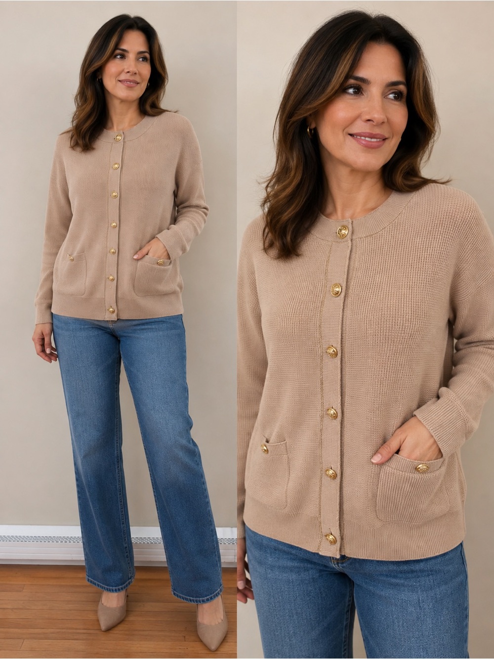 Adrianna PapellWomen’s Textured Knit Cardigan Sweater Size M NWT – Gold Button